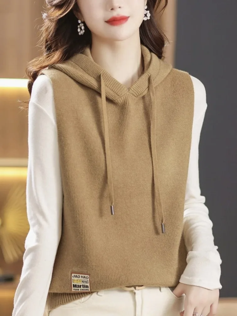 

Outlet вязаный жилет женский весенне-осенний свитер с капюшоном пальто обычный тонкий однотонный однотонный жилет для поездок на работу 50% шерсть 50% полиэстер