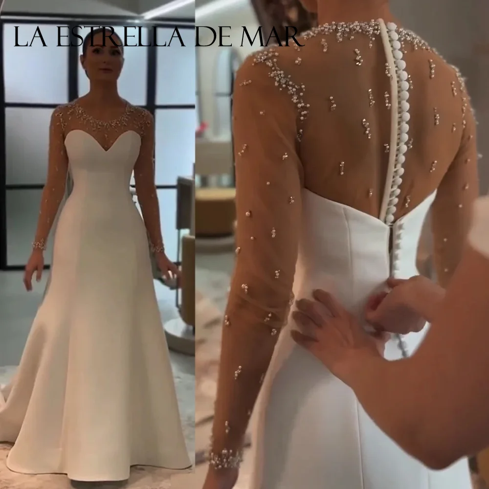 Elegant O-Neck Lace Beaded Long Sleeve Button Floor-Length Wedding Dresses Bride Chic Long Sexy Sheer Gowns  Customized Vestido