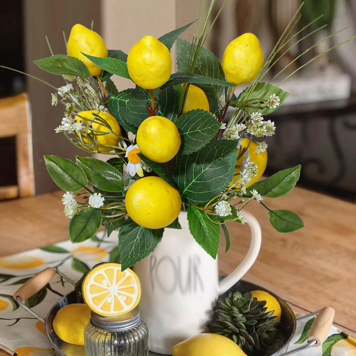 XIYA FLOWER Artificial Lemon Branches with Daisies Fake Daisy with Lemon Branches Artificial Flower for Outdoor Party Decoration