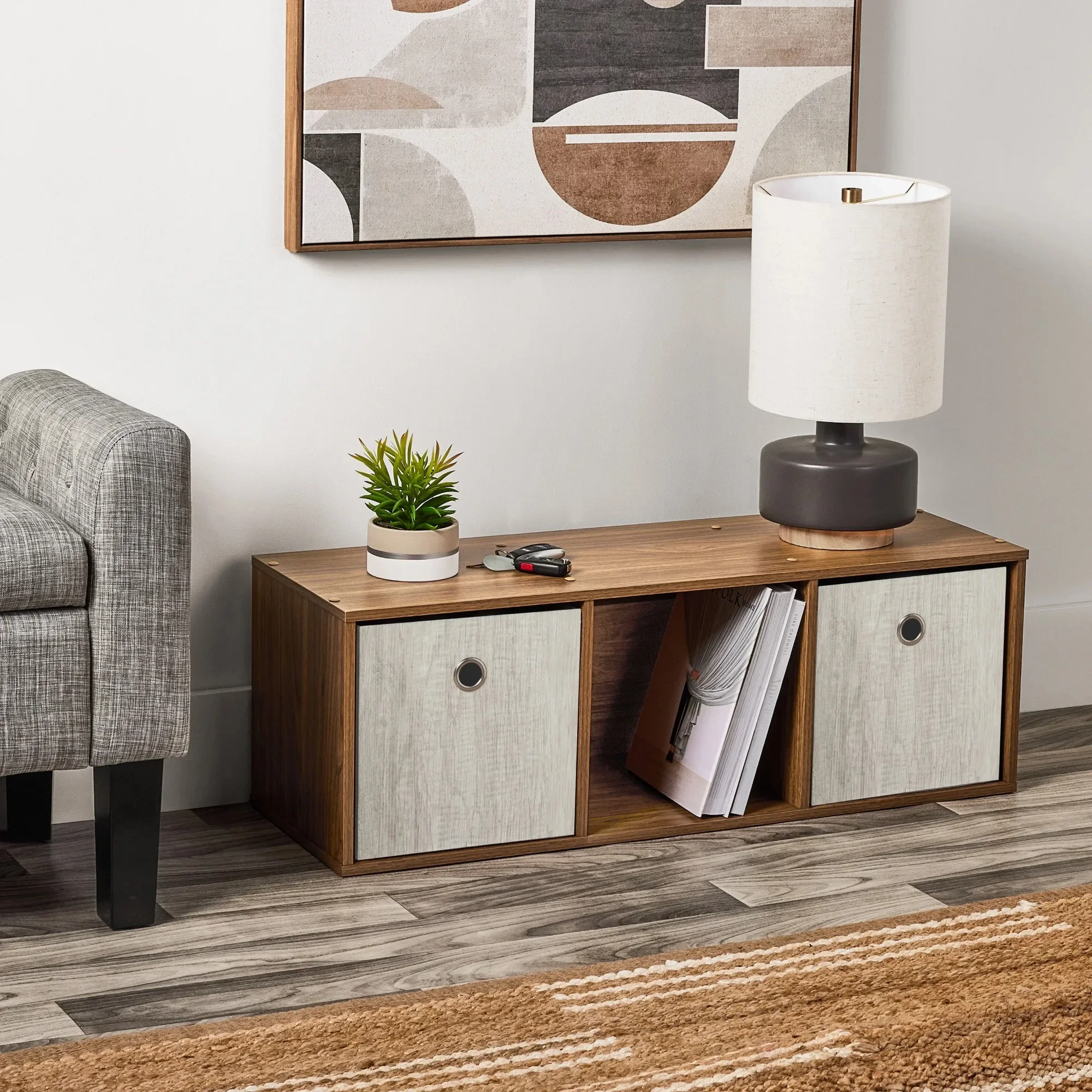 Organizador de almacenamiento de 3 cubos de nogal cálido, estante independiente para dormitorio, sala de estar, oficina y entrada, diseño Modular