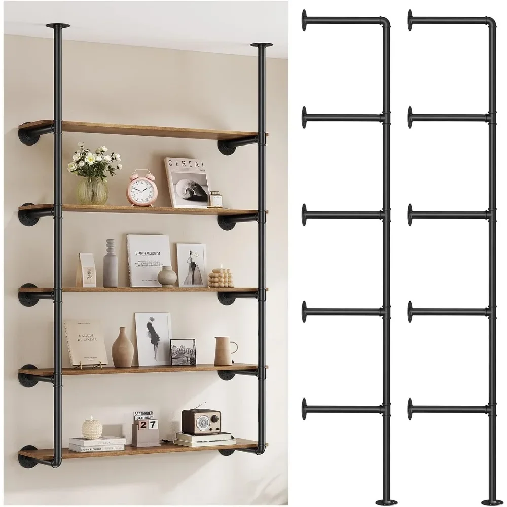 Farmhouse DIY Open Bookshelf Book Shelf Pipe Shelves for Kitchen Bathroom Bookcase Bookcases Living Room Storage 2Pack of 5 Tier