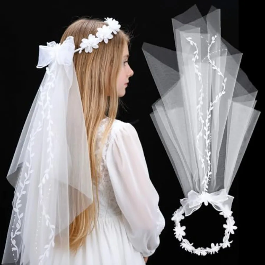 

First Communion Headbands for Girls, White Flower Headband Veil Headpiece Floral Bridal Crown Bow Wedding Veils with Pearls Hai