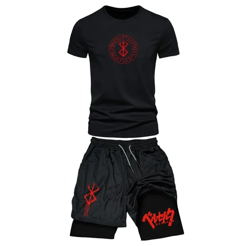 

Men's fashionable fitness outdoor loose, breathable, casual and comfortable waist-cinched, elastic belt, shorts, T-shirt and set