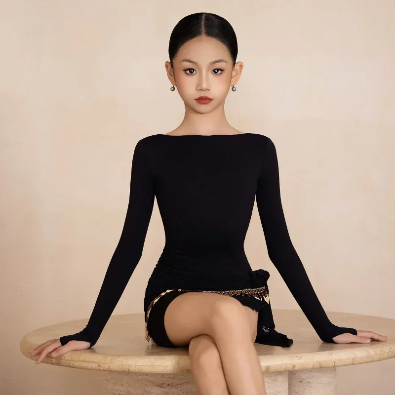 Ensemble de vêtements de danse latine pour enfants, dos nu, manches longues, jupe à franges, vêtements d'entraînement pour filles, robe de danse latine Cha Cha Rumba