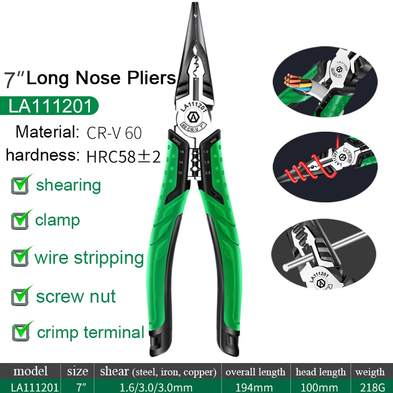 LAOA 7inch Wire Cutter Long Nose Pliers Multifunction Diagonal Pliers Side Cutter Cable Shears Electrician Tools