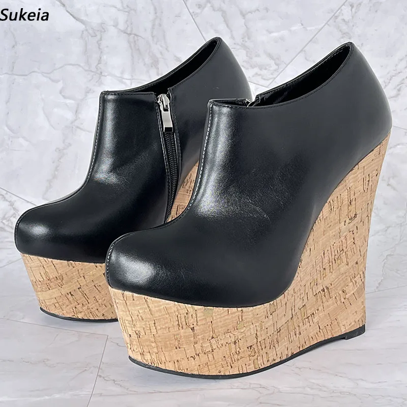 

Sukeia/Новые модные женские туфли-лодочки на платформе с боковой молнией и пробковой танкеткой, классические черные туфли для вечеринок с круглым носком, размер США, большие размеры 5-20