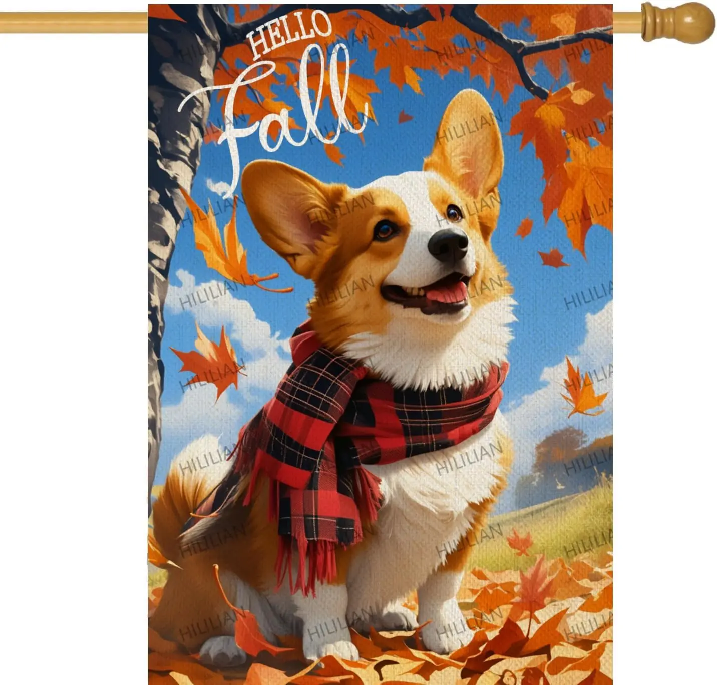 Hello Fall Garden Flag 28x40 Double Sided, Corgi Dog Garden Flag Maple Leaves Fall Thanksgiving Outside Outdoor House Yard D uui