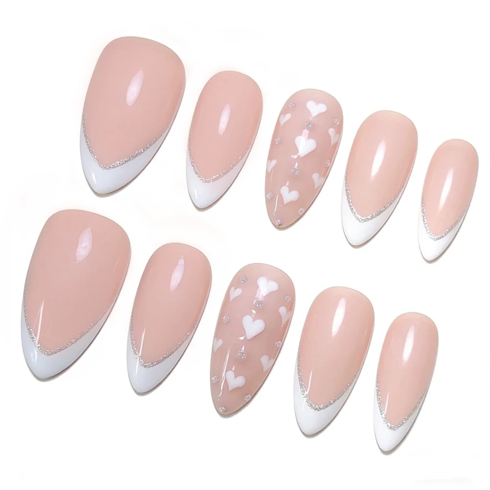 Glossy Peach Square Press on Nails with Heart Design 48Pcs Almond Fake Nails  Silver Glitter Reusable Cute False Nails for Women