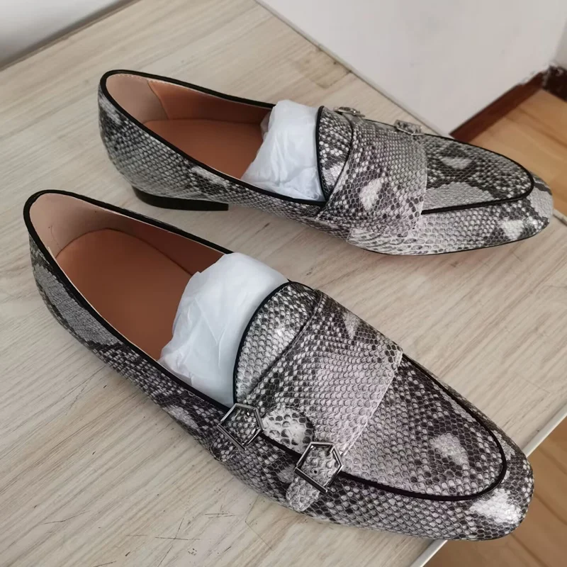 

Gray Snakeskin Pattern Double Monk Men Shoes Fashion Leather Loafers Men Casual Shoes Slip On Mocassins Men's Flats Slippers