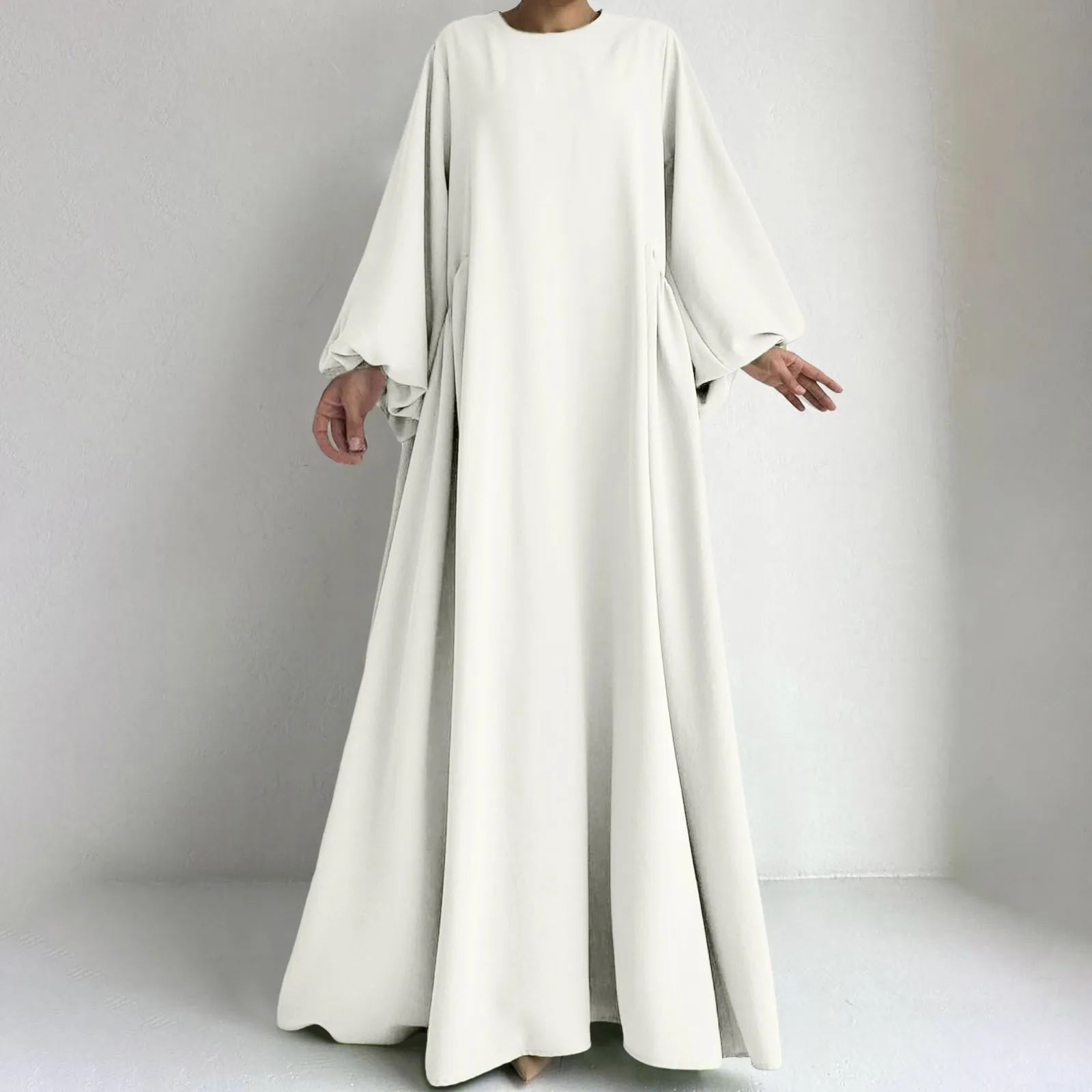 Women\'S Muslim Robe Long Sleeve Dress Solid Color Round Neck Loose Dresses Temperament Prayer Clothing Ramadam Elegant Burka