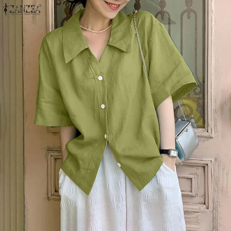 

2026 ZANZEA Elegant Short Sleeve Shirt Summer Blouse Women Lapel Neck Buttons Up Tops Stylish Solid OL Work Bouses Holiday Mujer