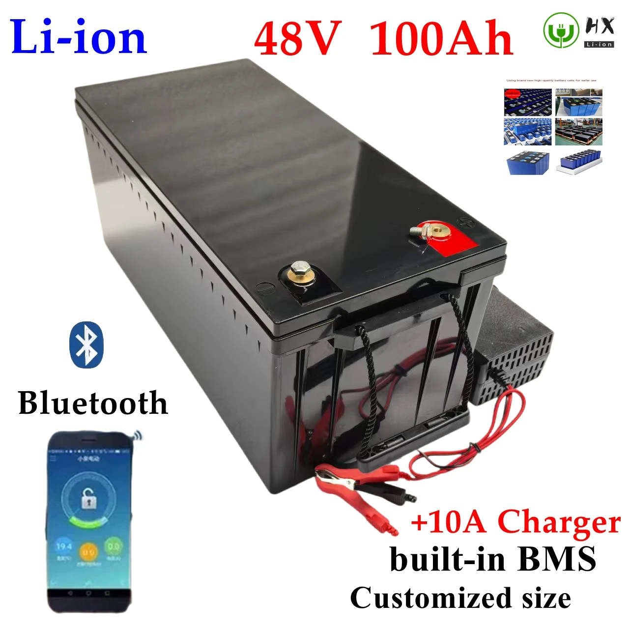 HX-48v 100AH lifepo4 lithium batterry with bluetooth APP for 3000W tricycle inverter Solar energy storage scooter + 10A charger.