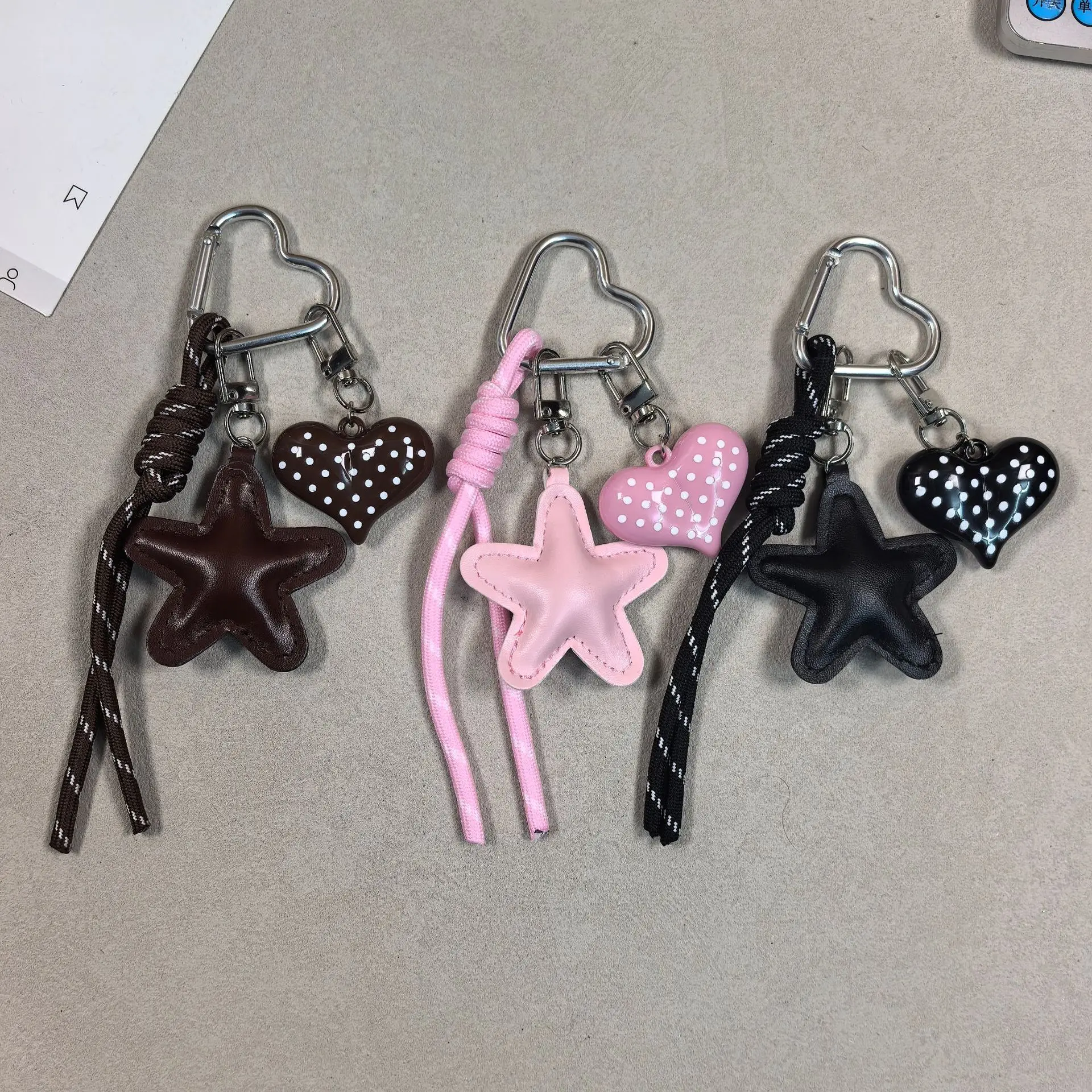 PU Leather Star and Heart Pendant Five Pointed Star Handmade Knot Love Heart Ring Keychain Bag Pendant