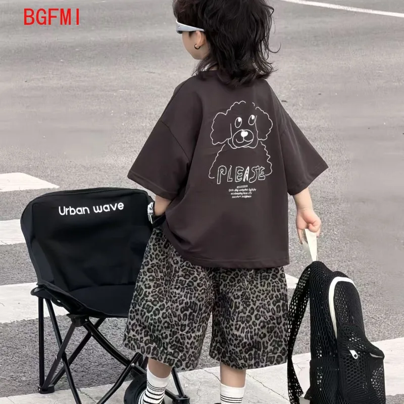 Teenager Boys' Summer Korean New Set 2026 girl Korean Cotton Printed Short Sleeved+leopard Print Trendy Shorts outfits 2-11Y