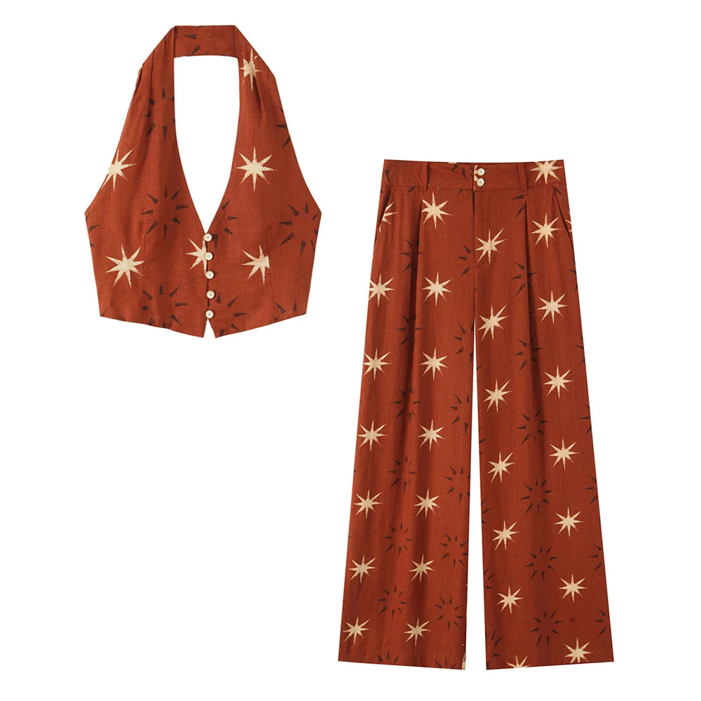 Summer New Women's Fashion European and American Style Sun Printed Top Wide Leg Pants