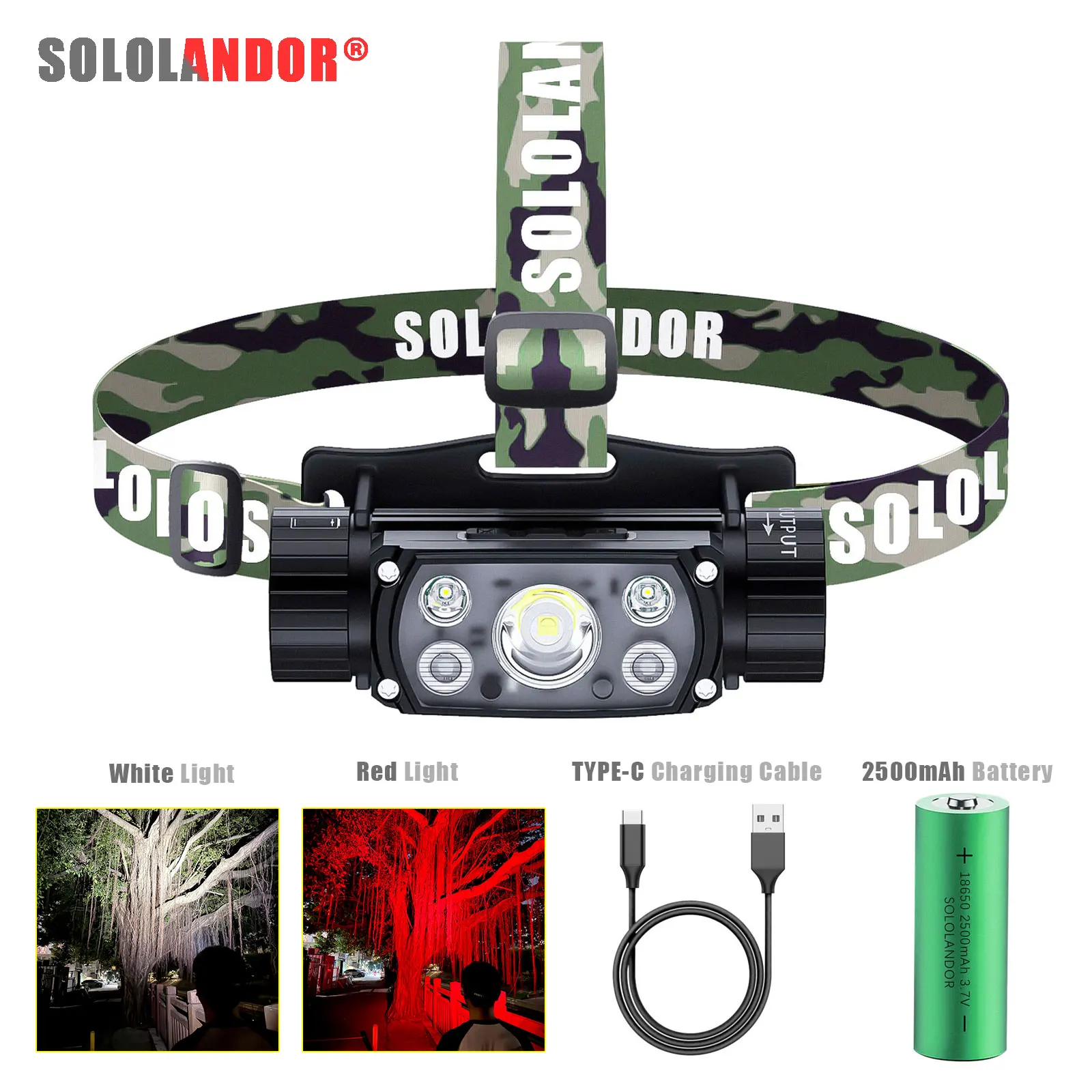 1PC SOLOLANDOR Sensor LED white 3 Switch Headlight 18650 Head Lamp Torch Flash Red Light USB Type C Power Bank Flashlight