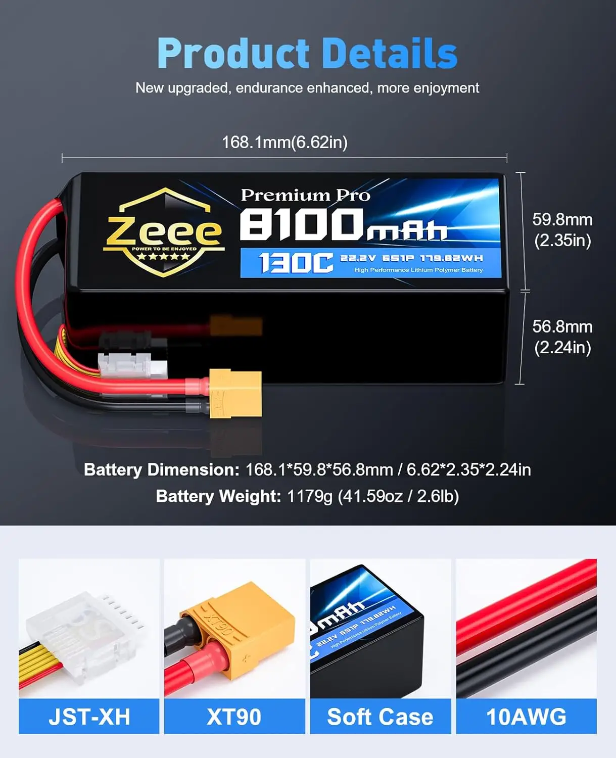 Zeee Premium Pro 6S Lipo Bateria 8100mAh 22.2V 130C FPV Drone Bateria Softcase com Plugue XT90 para Carros RC Drone Modelos de Corrida