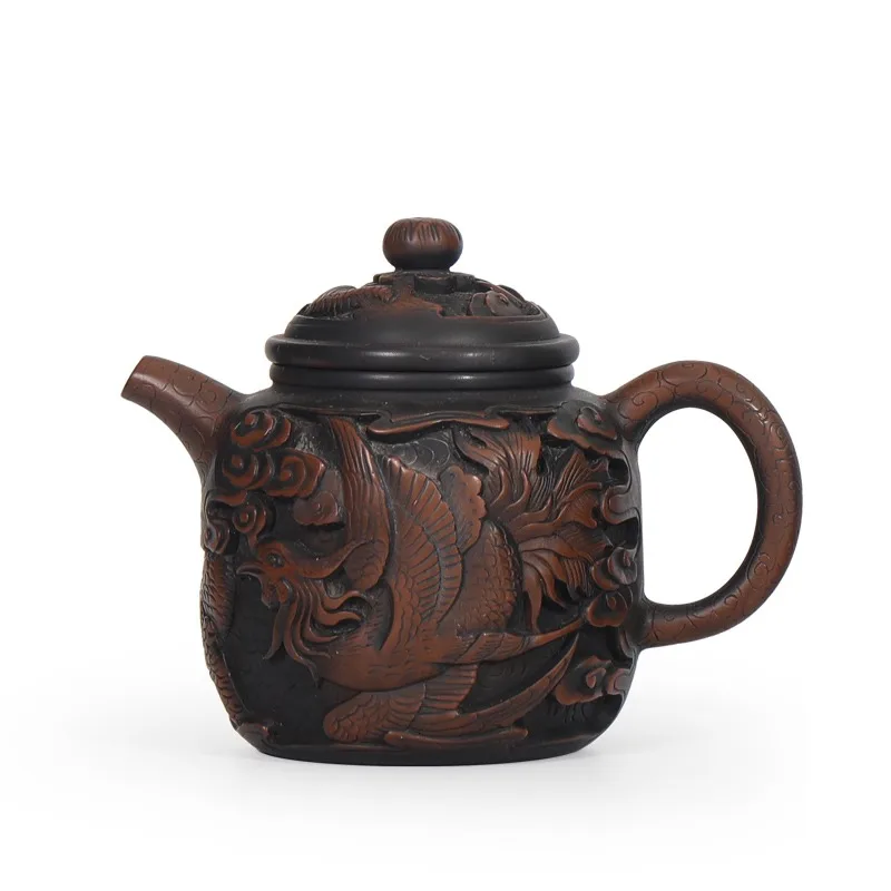 Yunnan Jianshui Purple Pottery Teapot Fully Handmade Deep Carving Golden Bell Teapot Handmade Dragon Phoenix Teapot