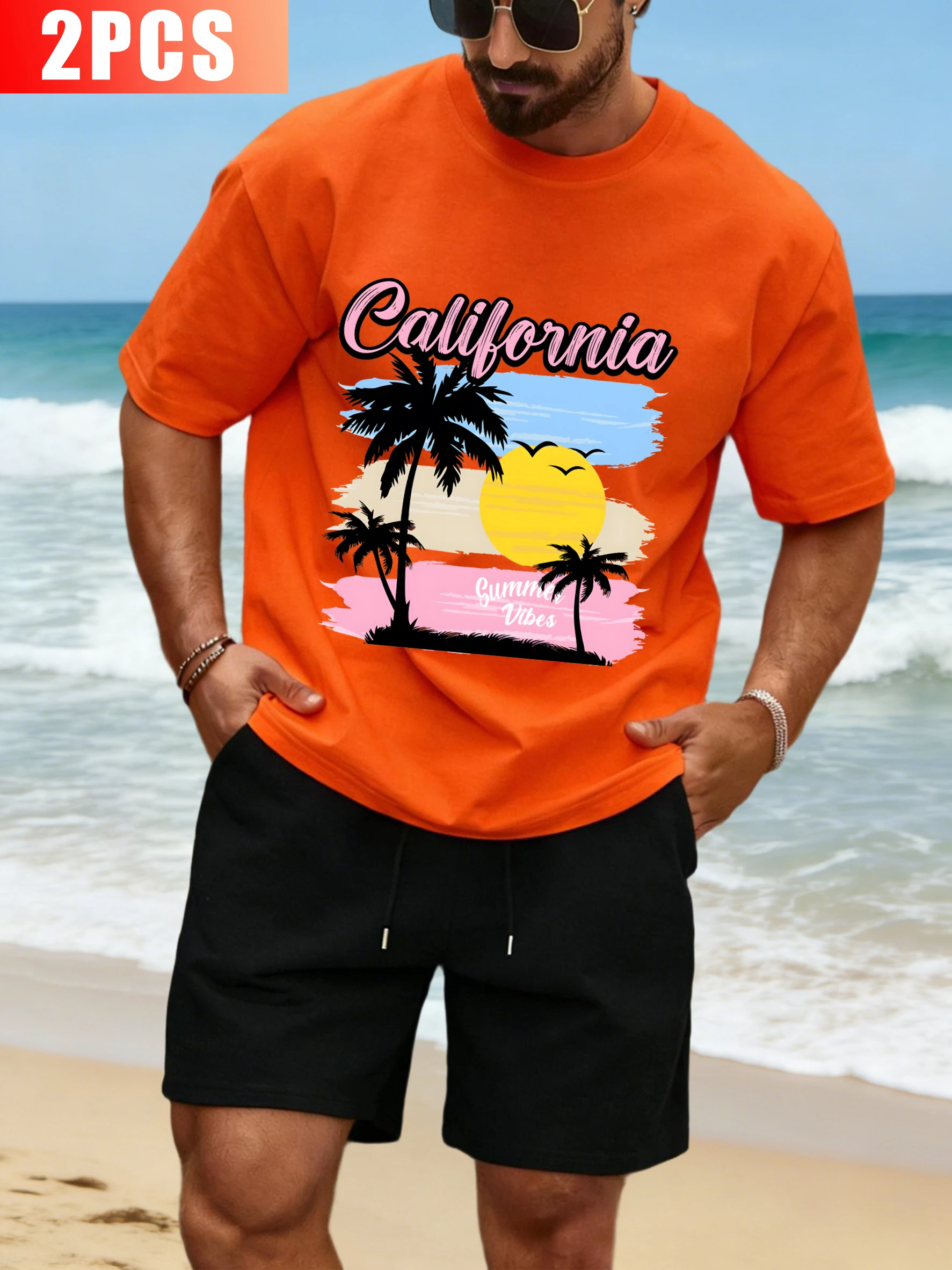 

Design T Shirt Suit Men Summer Casual Cotton Clothes Fashion Drawstring Pants Unisex O-Neck Loose Top Set