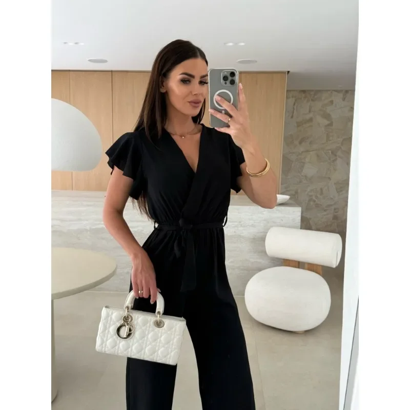 

Women Fashion Elegant Solid Color Long Playsuit Sexy Ladies V-neck Short Sleeve Straight Jumpsuit Lace-up Hight Waist Playsuit