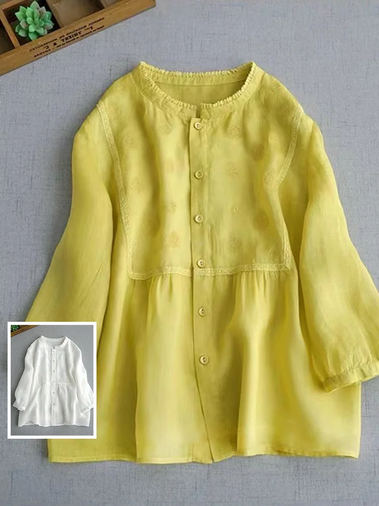 

Вышитая приталенная рубашка с одной пуговицей, тонкий топ с деревянным воротником, защита от солнца, верхняя часть одежды с пятью рукавами, размер плюс-сайз.