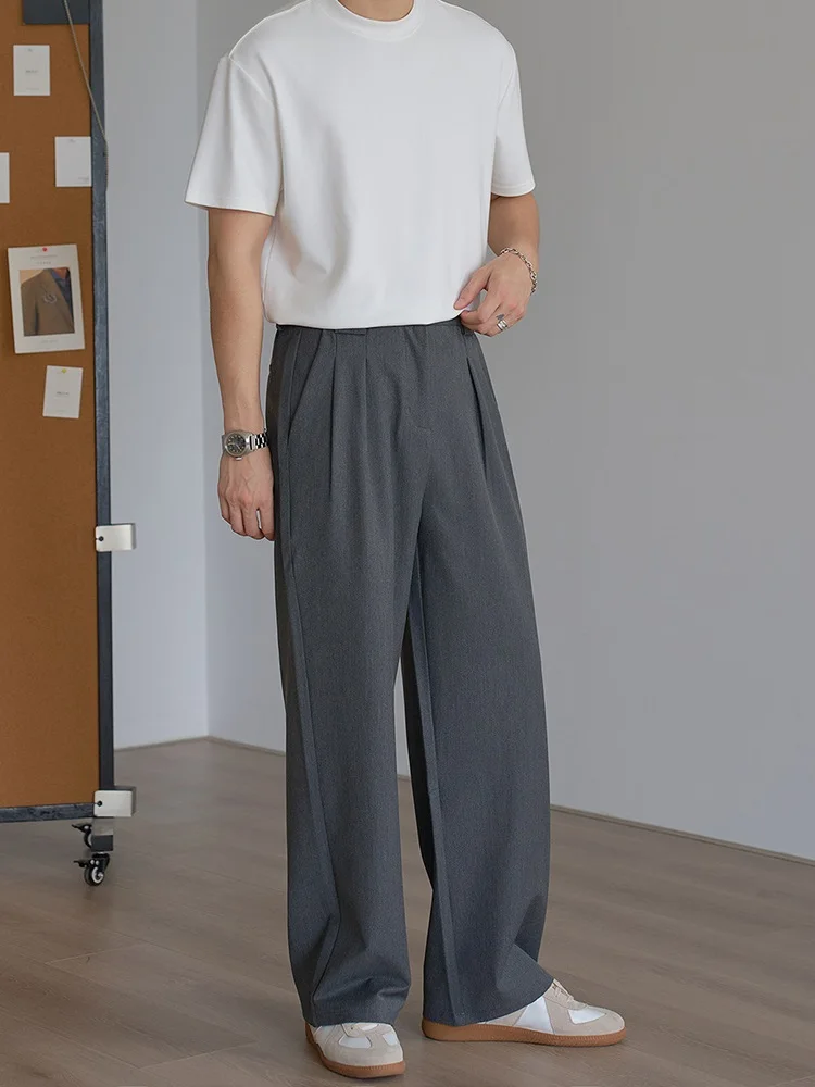 Loose Straight Leg Men's Pants Casual Drapey Texture High Waist Trousers Korean Style Pleated Loose Fit Comfortable Long Trou...
