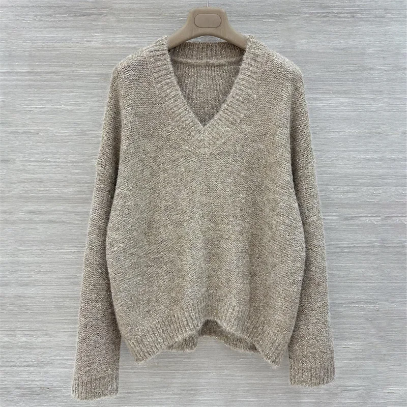 women's sweater New wool blended V-neck pullover for autumn 2026 elastic knitted women's long sleeved top Golden sequin Knitwear