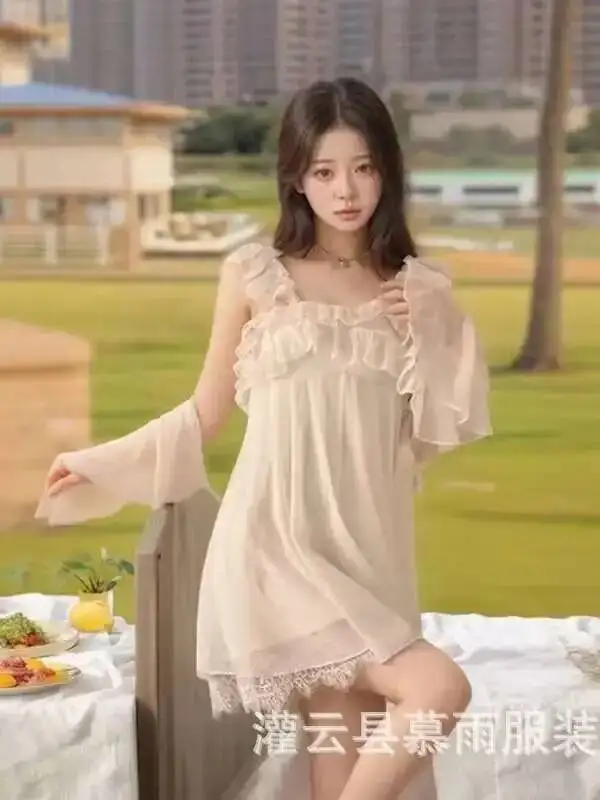 Camisón fino de encaje Sexy coreano para mujer, ropa de casa tentadora de dos piezas, Tops de moda para mujer 7IG0