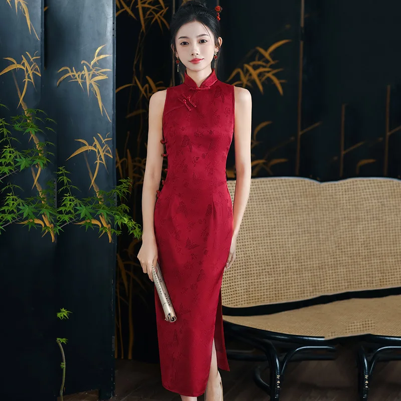 Sexy Halter Women Chinese Dresses Red Print Vintage Cheongsams Qipao Female Sleeveless Mandarin Collar Party Dress Vestidos﻿