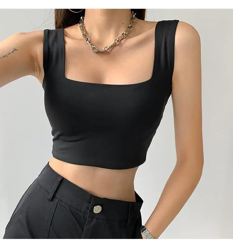 

New Square Neck Sleeveless Summer Crop Top Women Black Casual Basic T Shirt Off Shoulder Cami Sexy Backless Tank Top Tube Female