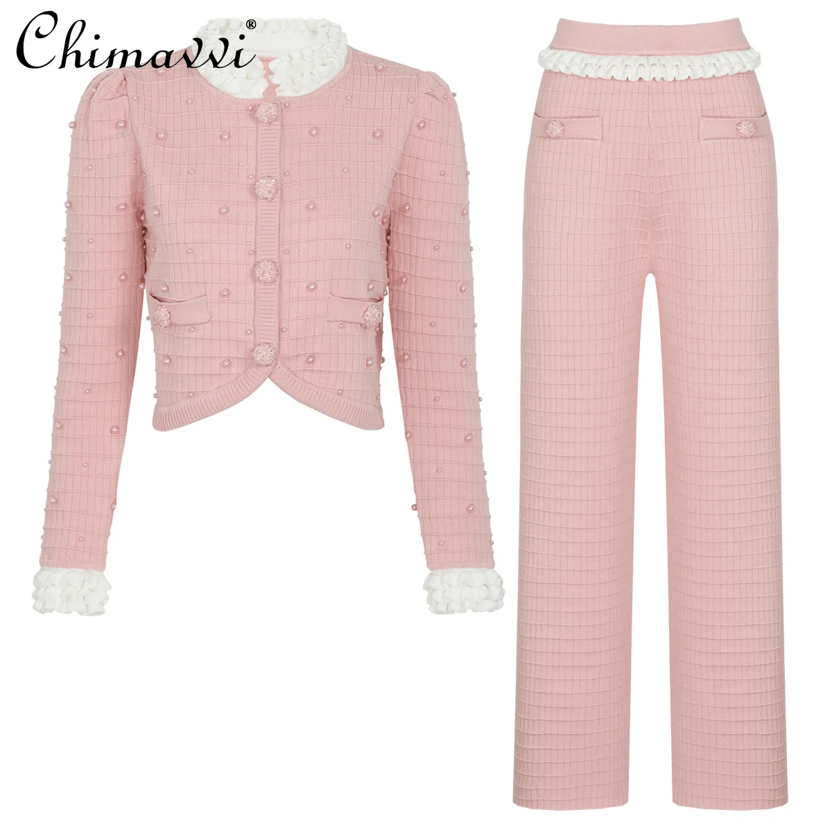 

Элитный комплект из двух предметов: новая коллекция 2026 года, весна-осень, тяжелый вязаный топ с бисером и брюки, повседневный костюм для офиса, женская одежда