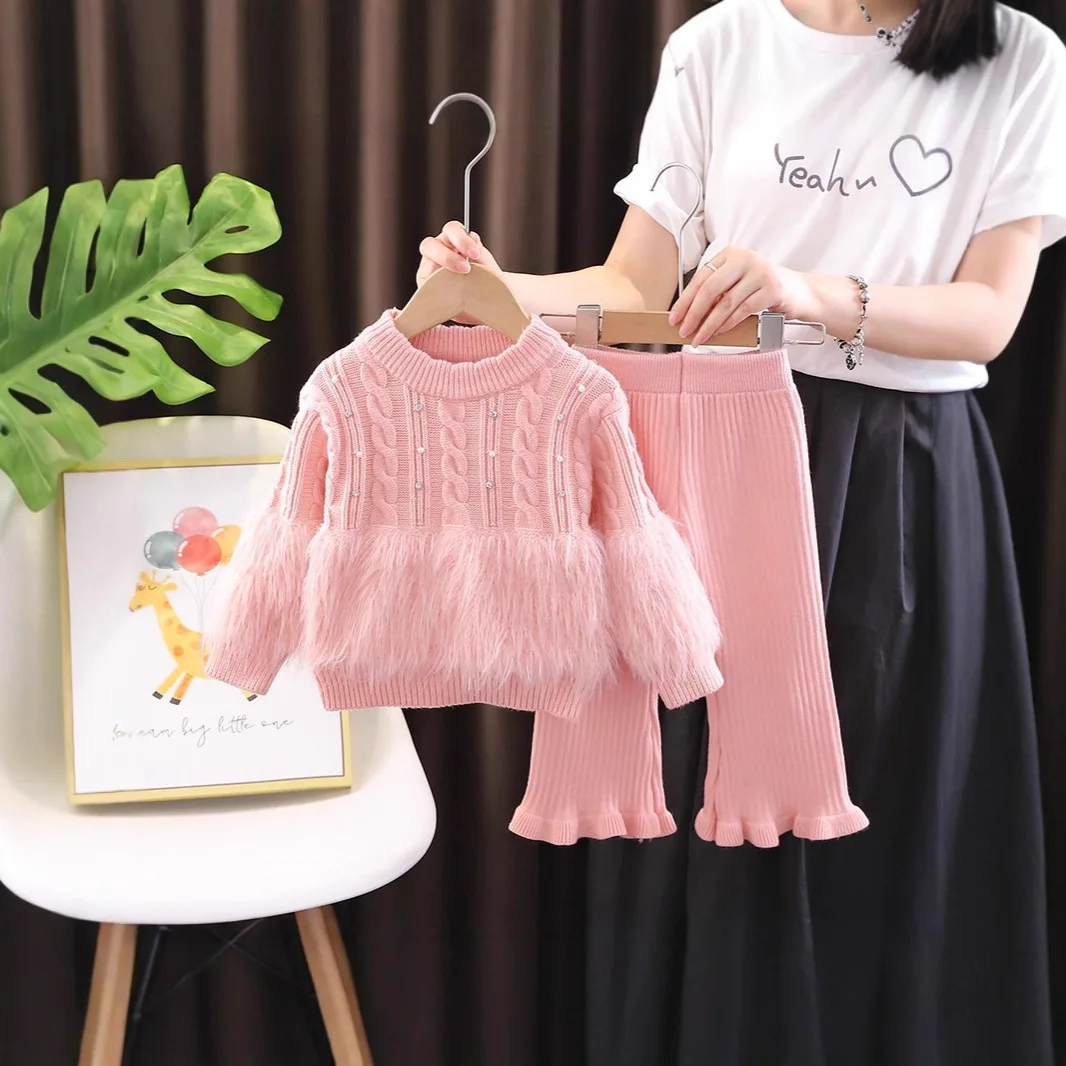 Girls Set Knitted Sweater Korean Round Neck Autumn and Winter Solid Color Loose Thick New Sweater and Woolen Pants for Warmth