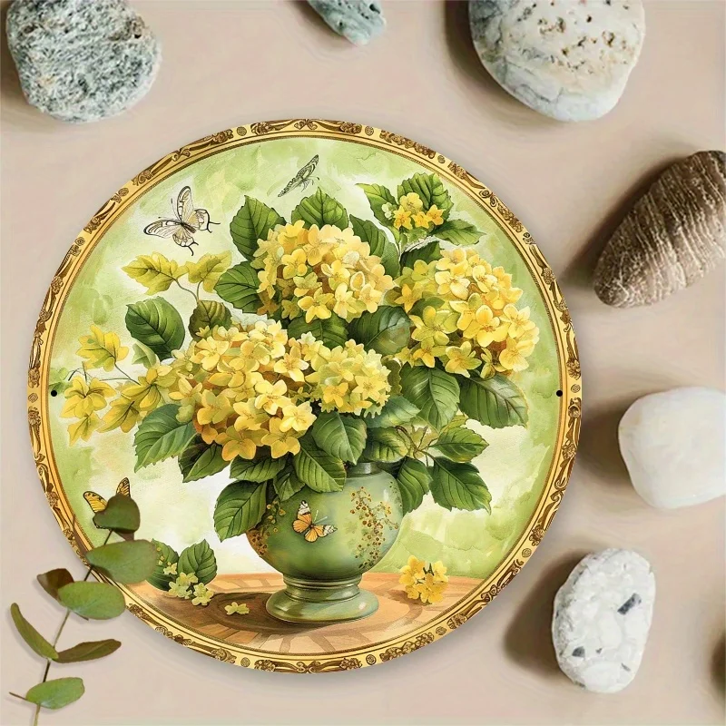 Vintage Daffodil Butterfly Metal Sign 2D Flat Round Aluminum Wall Decor for Home Garden Kitchen