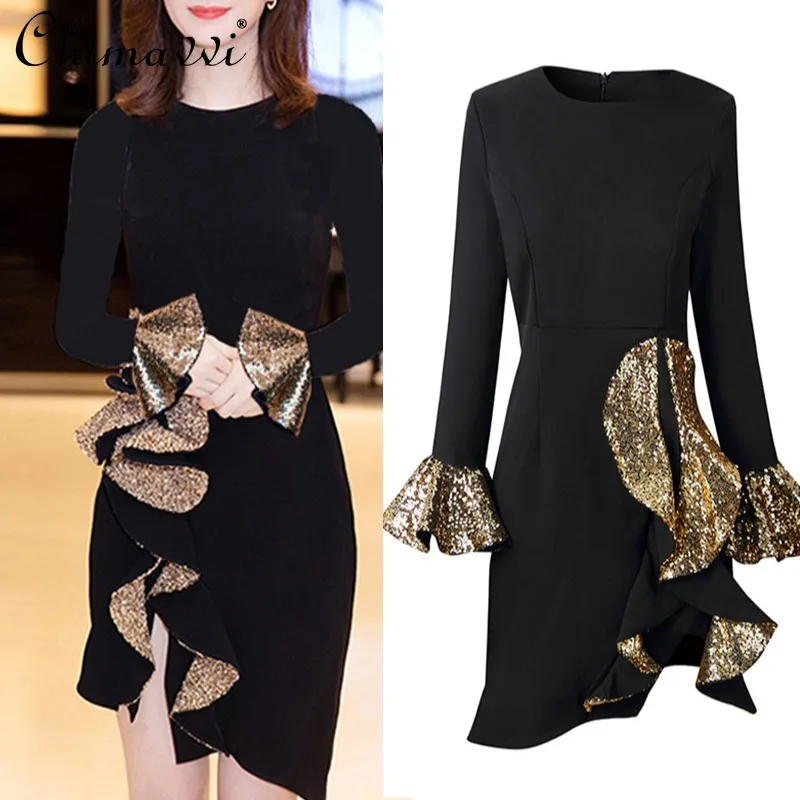

French Elegant Fashion Celebrity Ruffles Splicing Flare Long Sleeve Gold Sequins High Waist Slim Black Short Evening Dress Women
