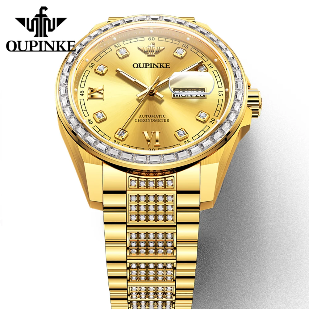 OUPINKE 3328 Full Diamond Luxury Man Watch Original Import Automatic Mechanical Watches for Man Dual Calendar Men's Wristwatches
