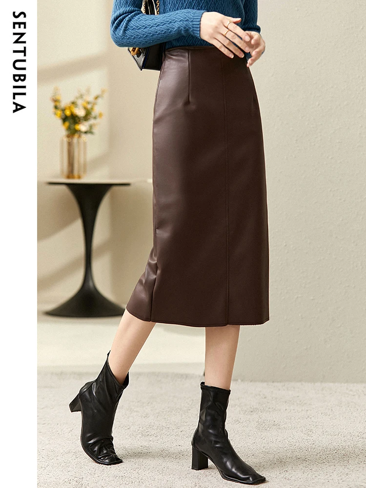 SENTUBILA Pu Leather Straight Skirts for Women 2024 Spring Autumn Slit Midi Lady Zipper Maillard Skirt Woman Clothing 123Q44003