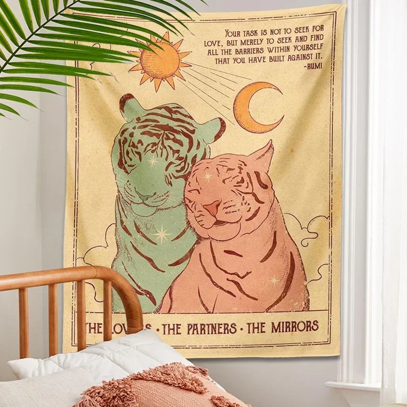 Tarot sun moon Tapestry Wall Hanging Tiger Vintage the loves partners mirrors Decoration Hippie Mattress Dorm Room Decor gift