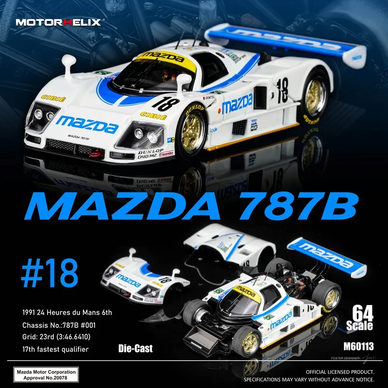 Diecast MotorHelix MH 1:64 Scale Mazda 787B 18# Alloy Car Model