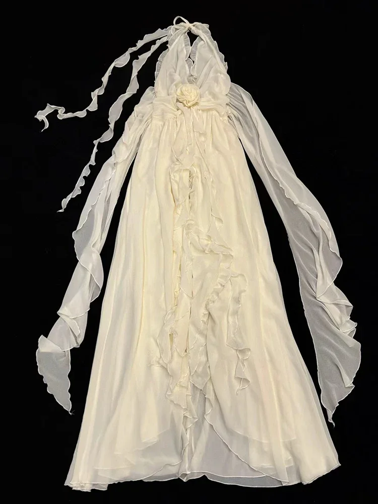 Gaun Panjang Kerut Cetak Leher V Dalam Halter Seksi Gaun Berenda Terbungkus Bunga Punggung Terbuka Tanpa Lengan Wanita Gaun Pesta Malam