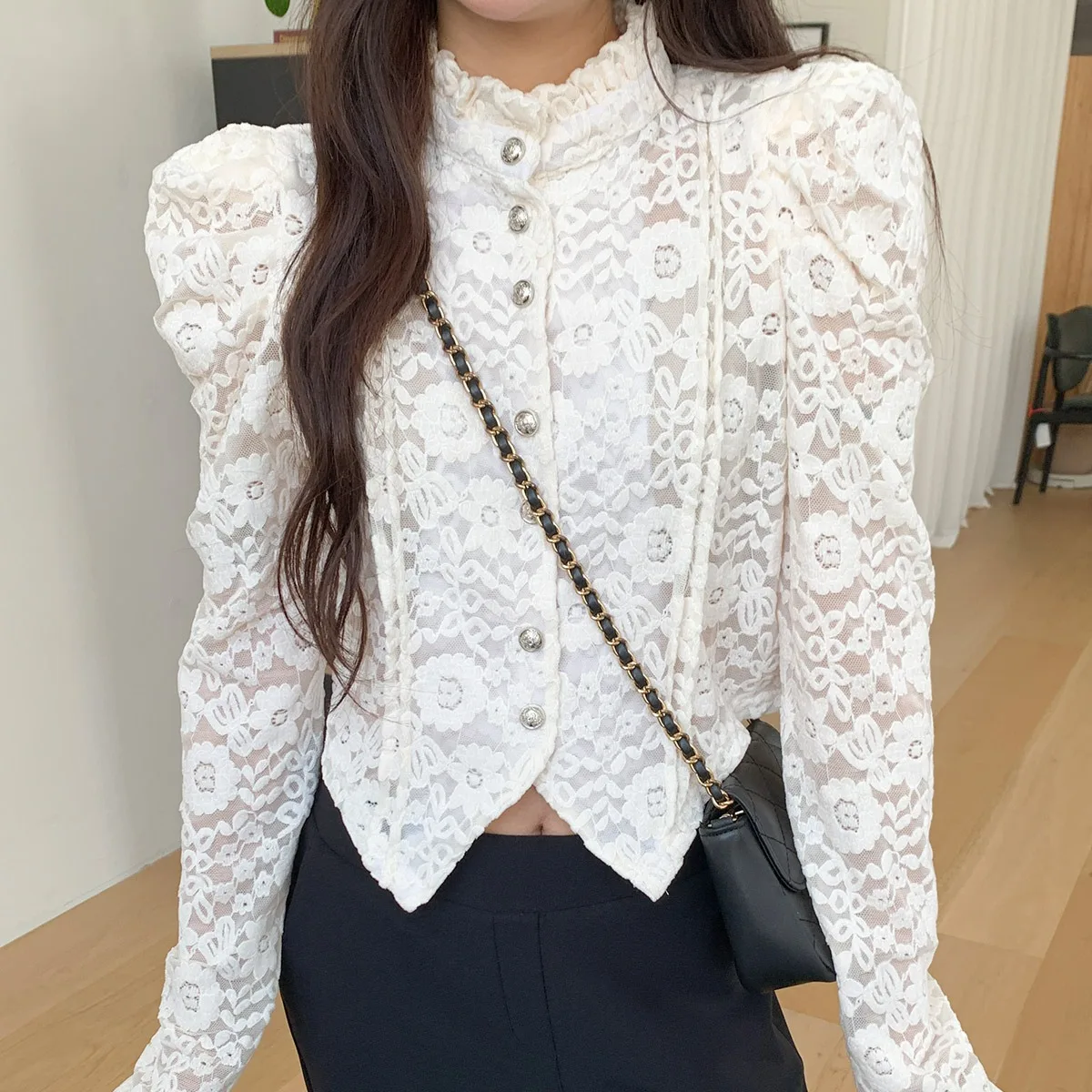 Chique Herfst Winter Kant irt Bubble Sve uitgehold Lange Sve Opstaande Kraag Holle Haak Bloem Basis Top Franse Sle Dames...