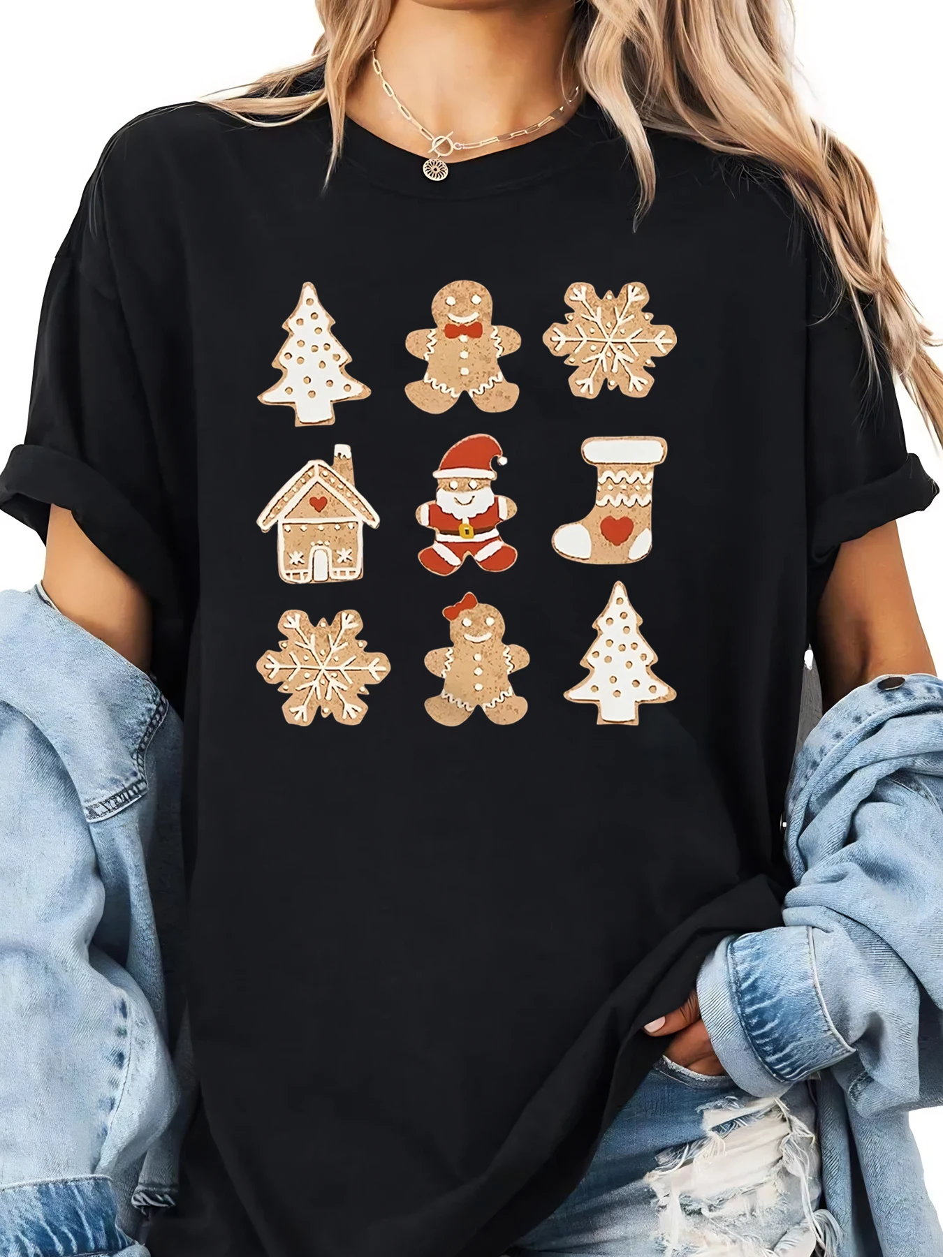 Albero di Natale di pan di zenzero Babbo Natale Cookie House Calza Fiocco di neve Stampa T-shirt da vacanza Donna Abbigliamento casual da festa Nero Taglie forti