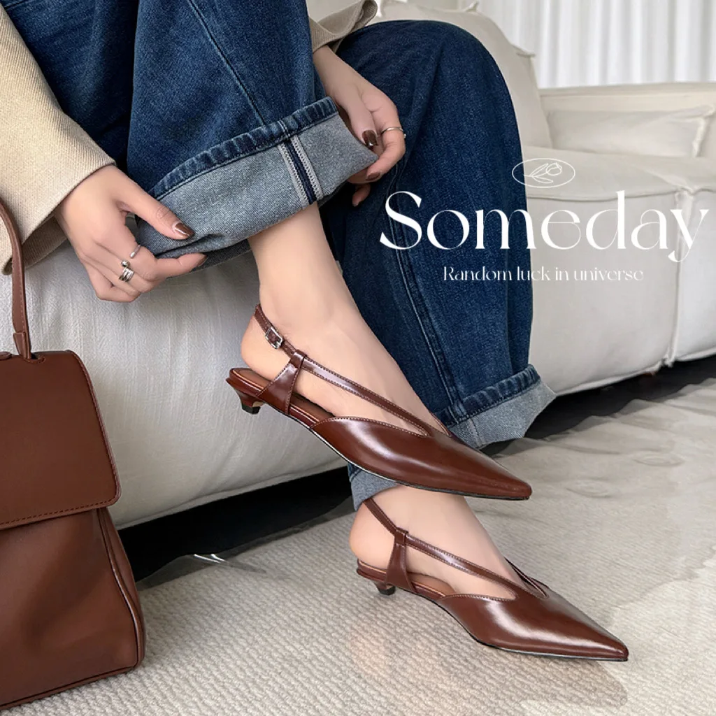 2026 new summer women sandals natural leather 22-25cm cowhide+pigskin+sheepskin pointed toe ankle buckle low heel women shoes