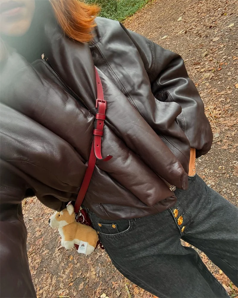 Abrigo con efecto de piel sintética para mujer, chaqueta acolchada con cremallera y solapa grande, estilo motero cálido informal a la moda de otoño e invierno