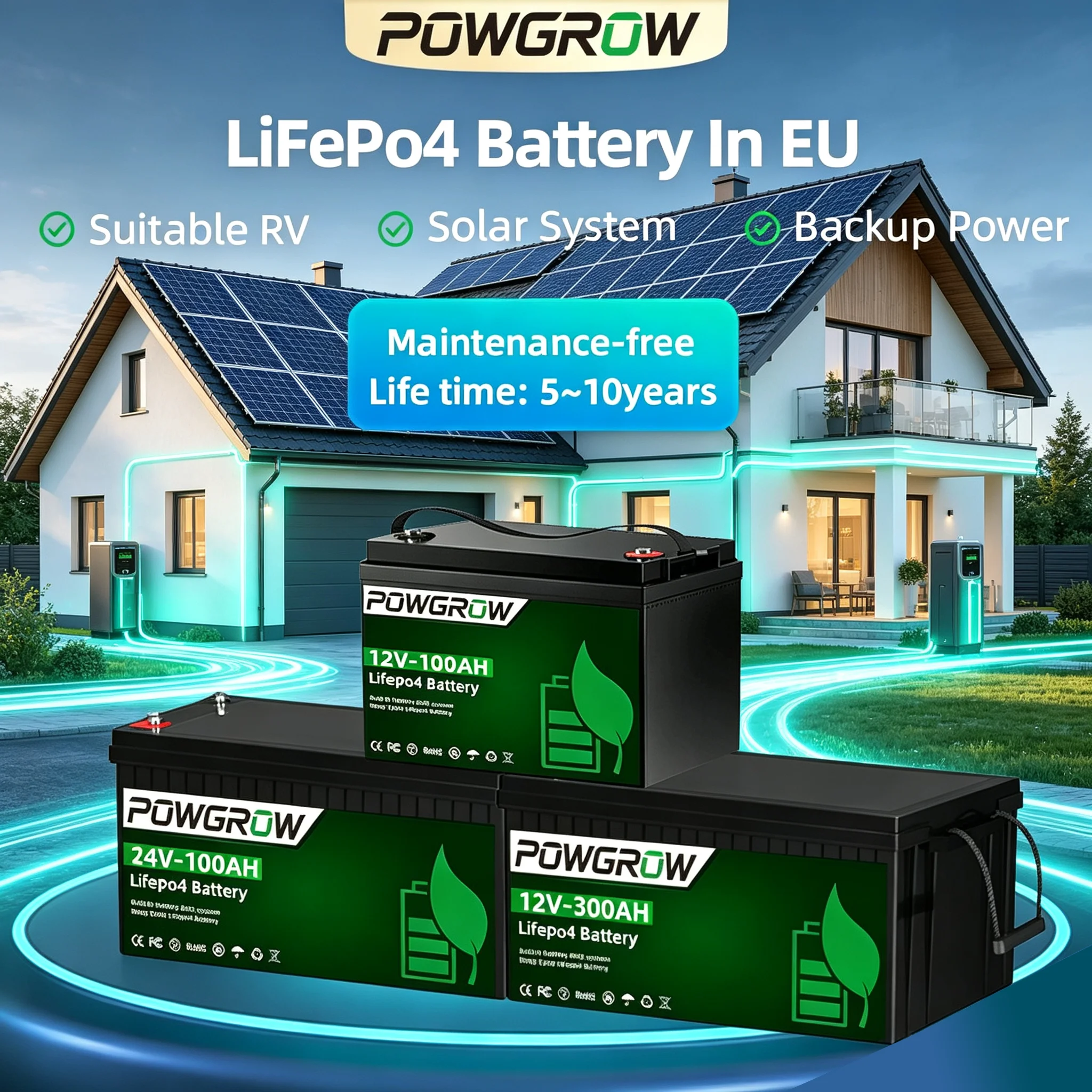 Image of POWGROW LiFePO4 Batterie 12V 100Ah/300Ah Lithium-Eisenphosphat-Batterie 24V 100Ah mit integriertem BMS 6000+ Zyklen für Wechselrichter Heim-Solaranlage – Steuerfrei