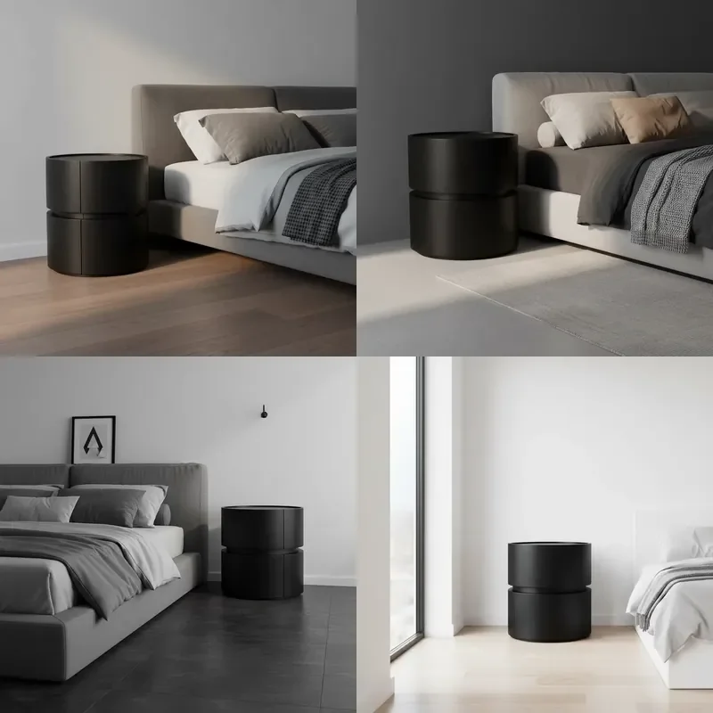 Black Handmade Modern Simple Bedroom Bedside Table with 2-Drawer Multi-Layer Solid Wood Veneer Buffer Track for Living Room