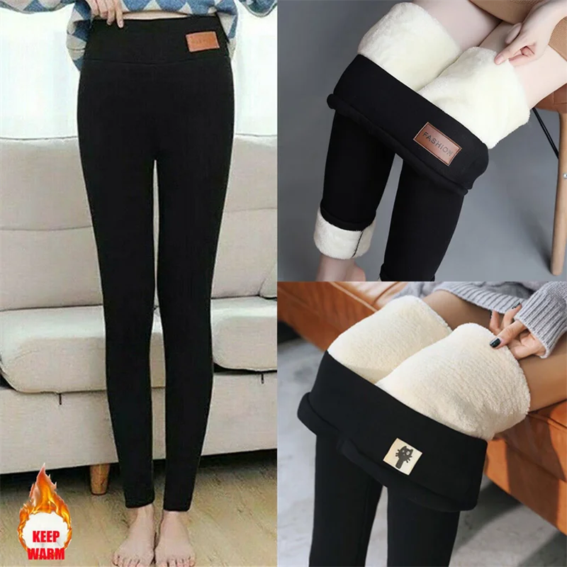 Legging wanita, legging ketat termal melar nyaman polos hangat beludru pinggang tinggi Dalaman bulu musim dingin S-5XL