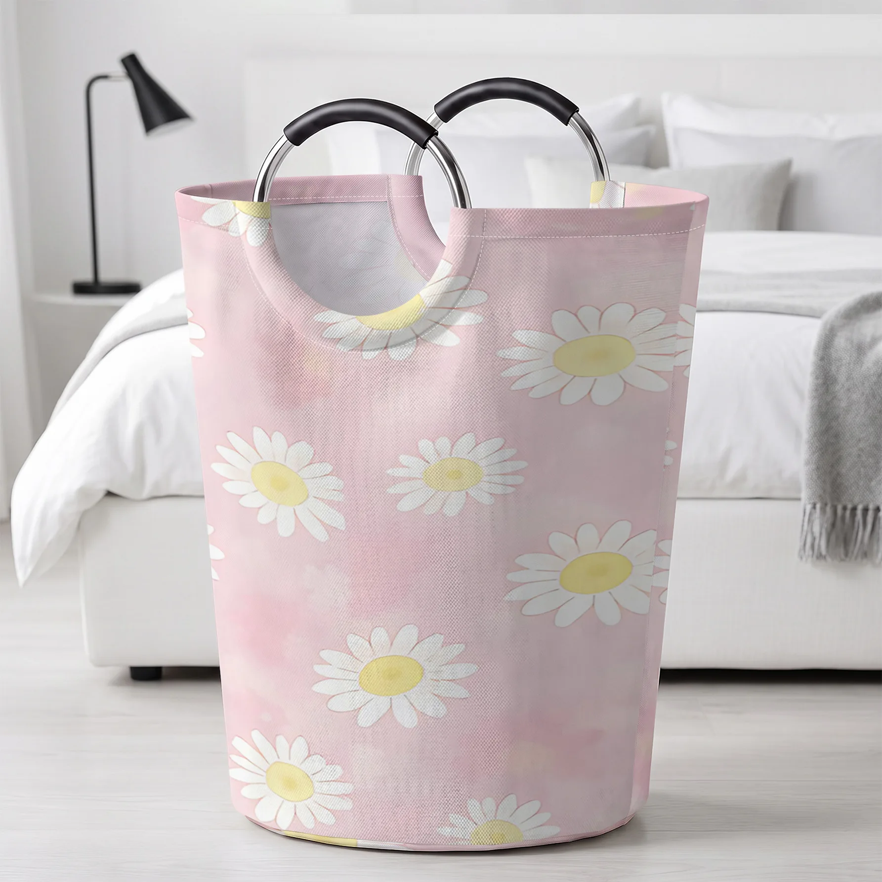 Pink Background White Daisy Handheld Storage Basket, For Laundry, Bedroom & Home Sundries Storage