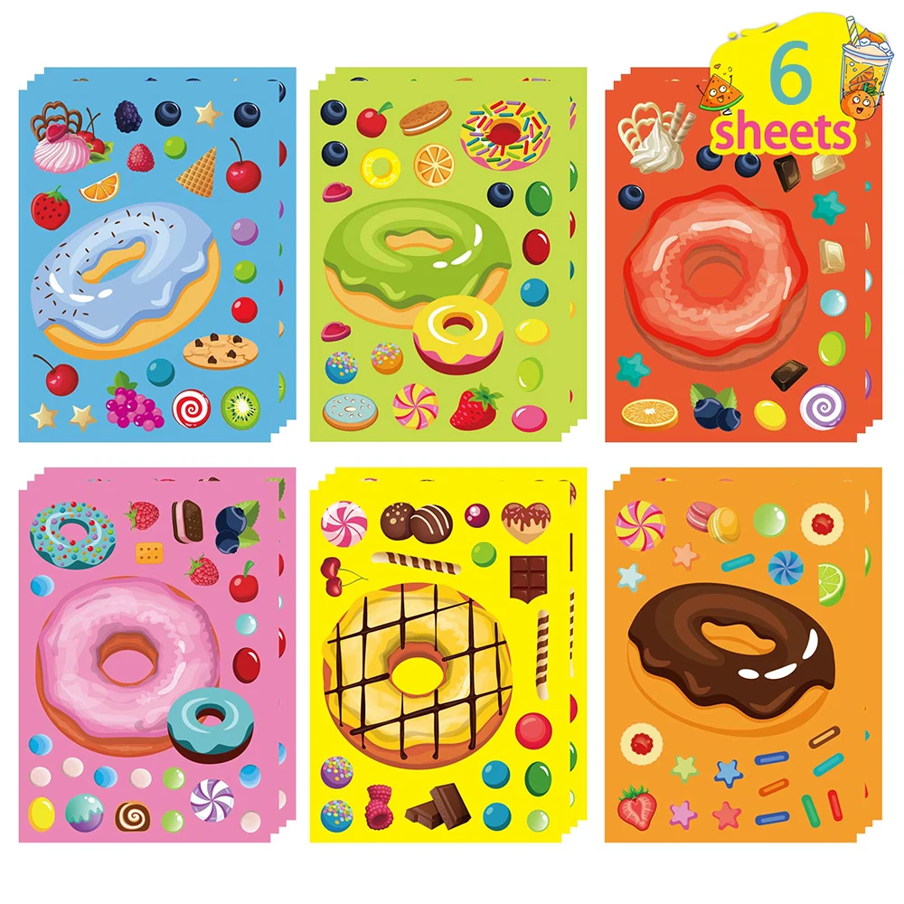 6/12Sheets DIY Donut Puzzle Stickers Make-a-Face Candy Dessert Kids Funny Jigsaw Toy Interactive Educational Children Party Gift