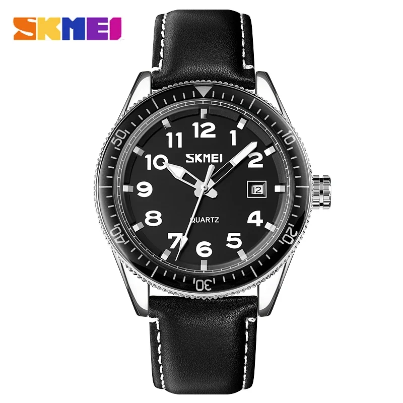 SKMEI-reloj deportivo de lujo para hombre, cronógrafo de cuarzo con correa de cuero, calendario, resistente al agua, esfera Simple, 9232