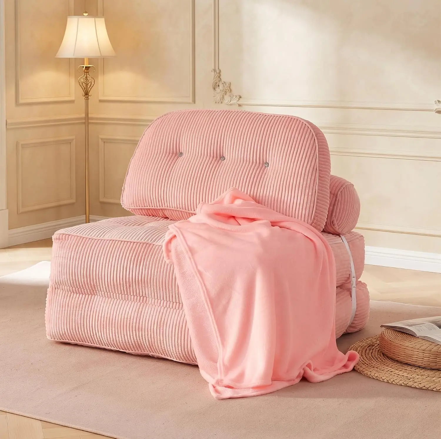 Pink Boneless Chair Bed with Pillow & Blanket, Sofa Bed, Customized